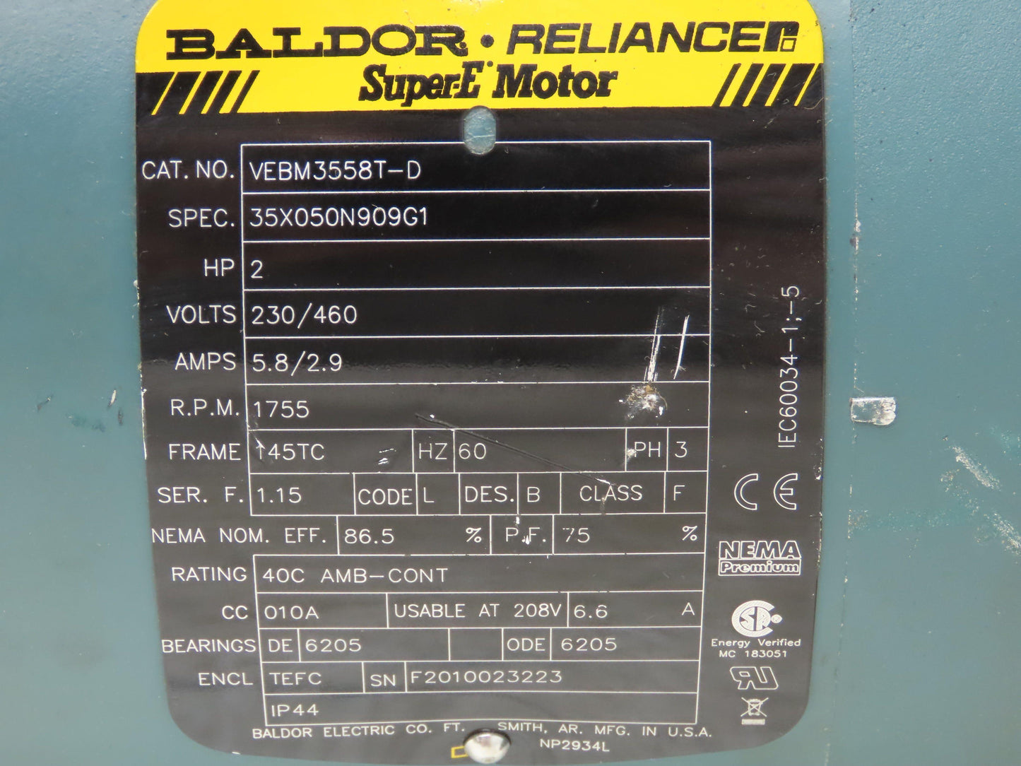 Baldor VEBM3558T-D Inline Gearmotor w/Brake 2Hp 460V 145TC Quantis 42:1 Reducer