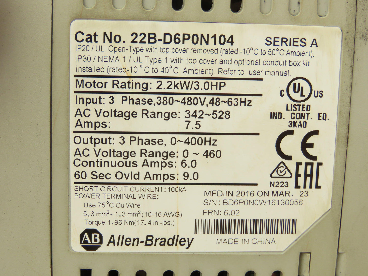 Allen Bradley 22B-D6P0N104 Powerflex 40 AC Drive VFD 480V 3Hp 6A