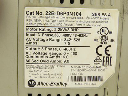 Allen Bradley 22B-D6P0N104 Powerflex 40 AC Drive VFD 480V 3Hp 6A