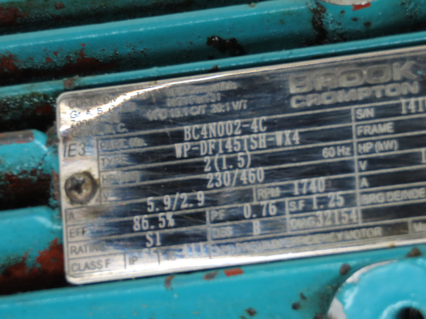 Brook Crompton BC4N002-4C VFD Duty AC Motor 2Hp 1740rpm 230/460V 3PH 145TC TEFC