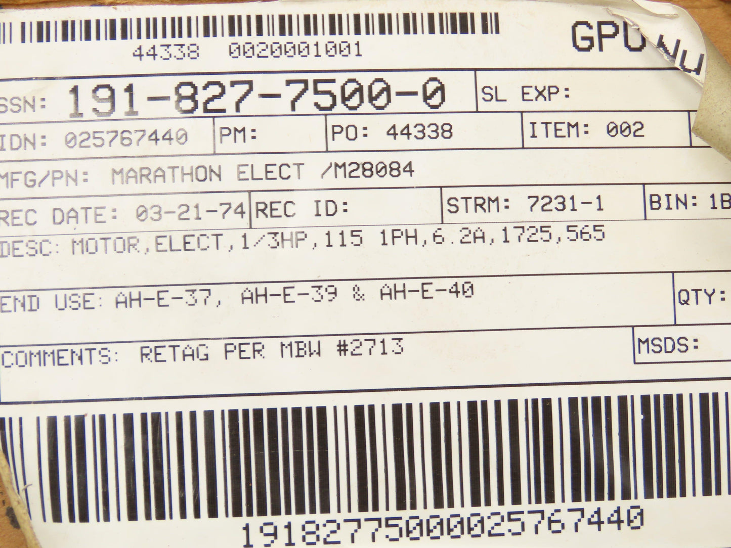 Marathon Electric M28084 AC Motor 1/3Hp 1725rpm 115V 1PH Single Phase 56-5 Frame