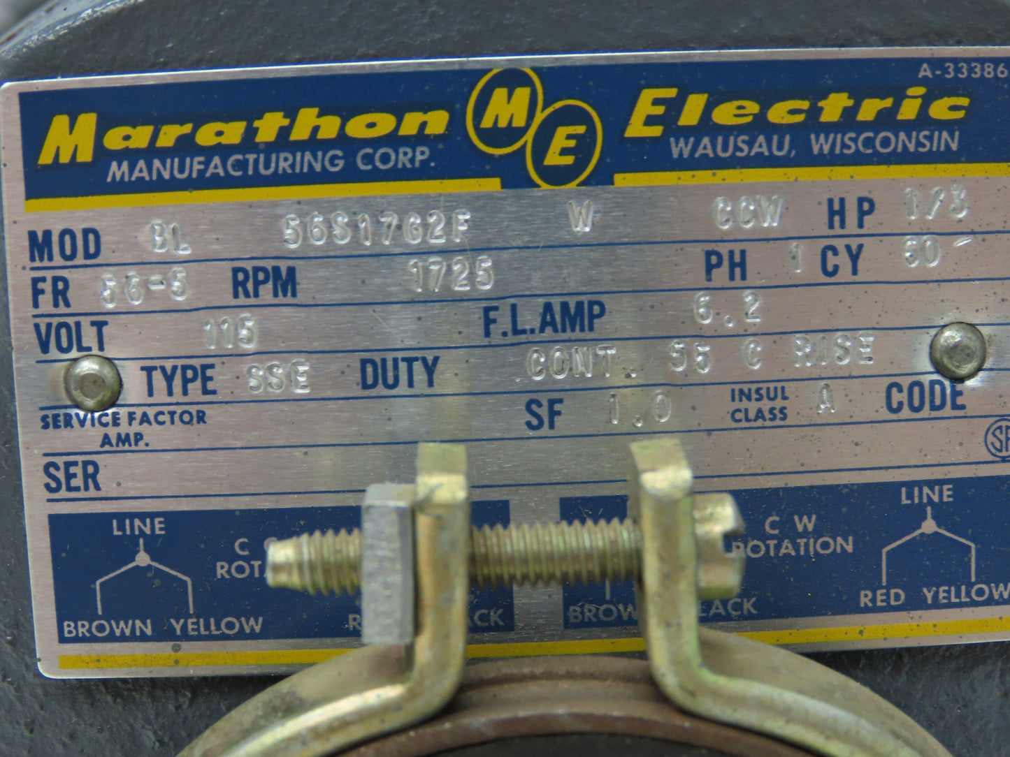 Marathon Electric M28084 AC Motor 1/3Hp 1725rpm 115V 1PH Single Phase 56-5 Frame