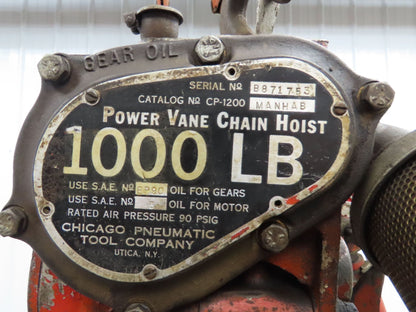 Chicago Pneumatic 1/2 Ton 1000Lb Power Vane Air Chain Hoist 10' 8" Lift Pendant