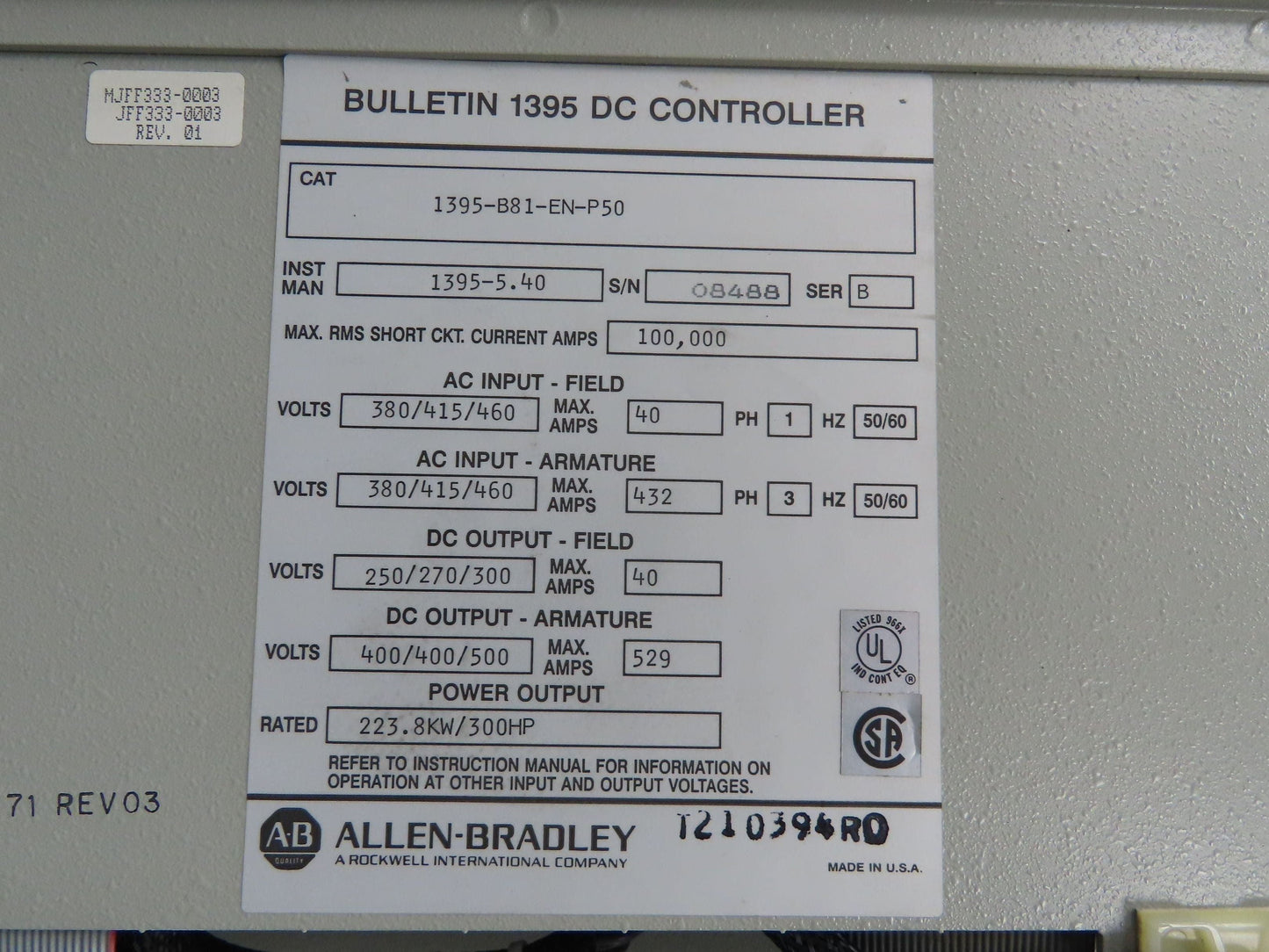 Allen Bradley 1395-B81-EN-P50 DC Controller Drive 300HP 500VDC AB 460V Input 3Ph