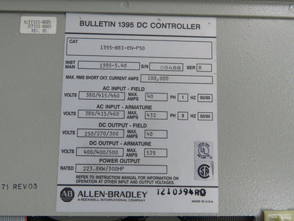 Allen Bradley 1395-B81-EN-P50 DC Controller Drive 300HP 500VDC AB 460V Input 3Ph