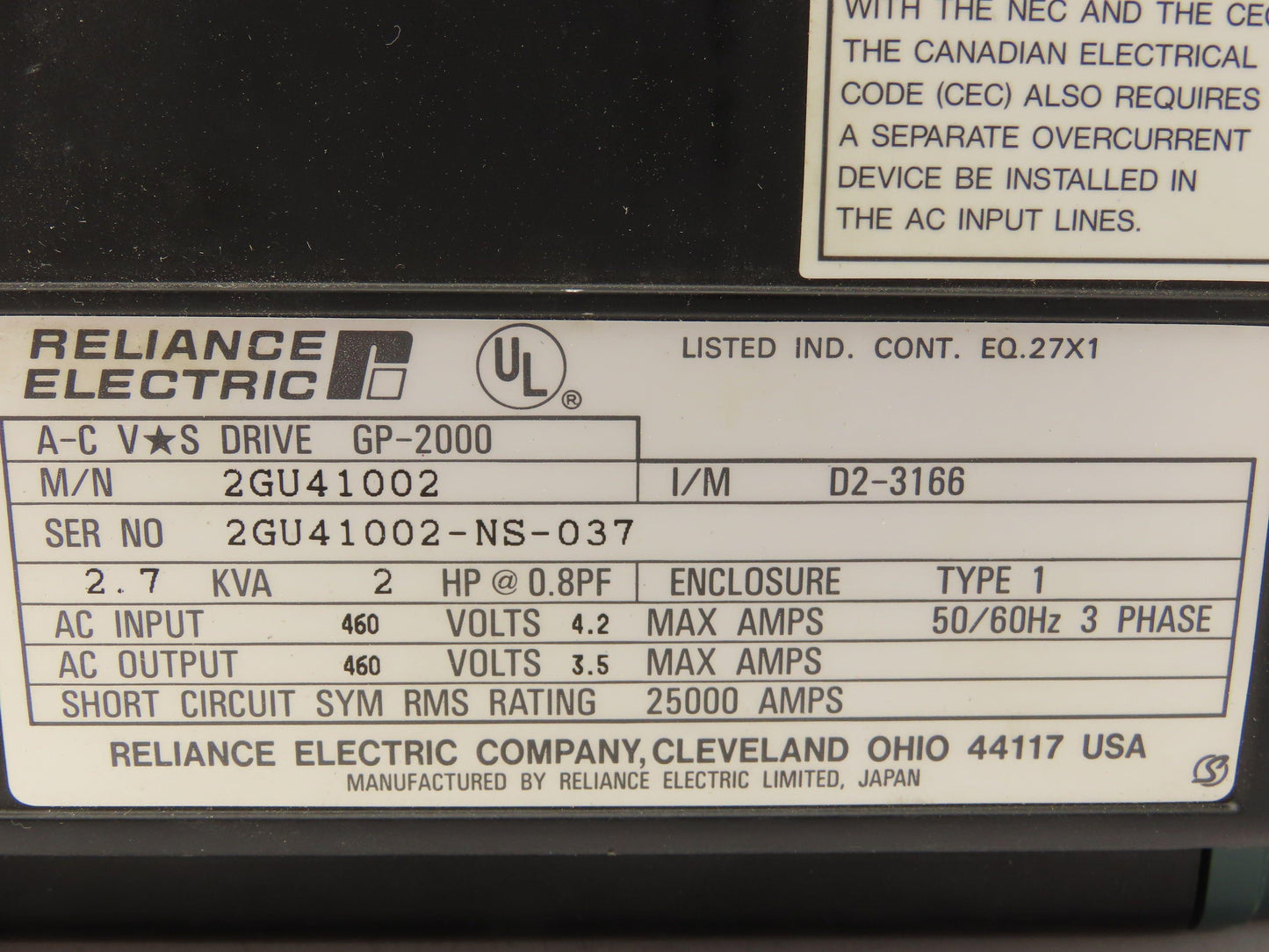 Reliance Electric 2GU41002 AC VS Drive GP2000 2HP Motor 2.7KVA 460V 3Ph