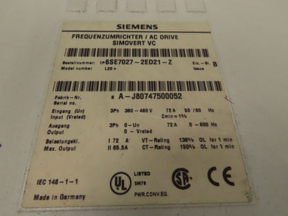 Siemens 6SE7027-2ED21-Z Simovert MasterDrive AC Drive 37kw 50 HP 480V 3Ph