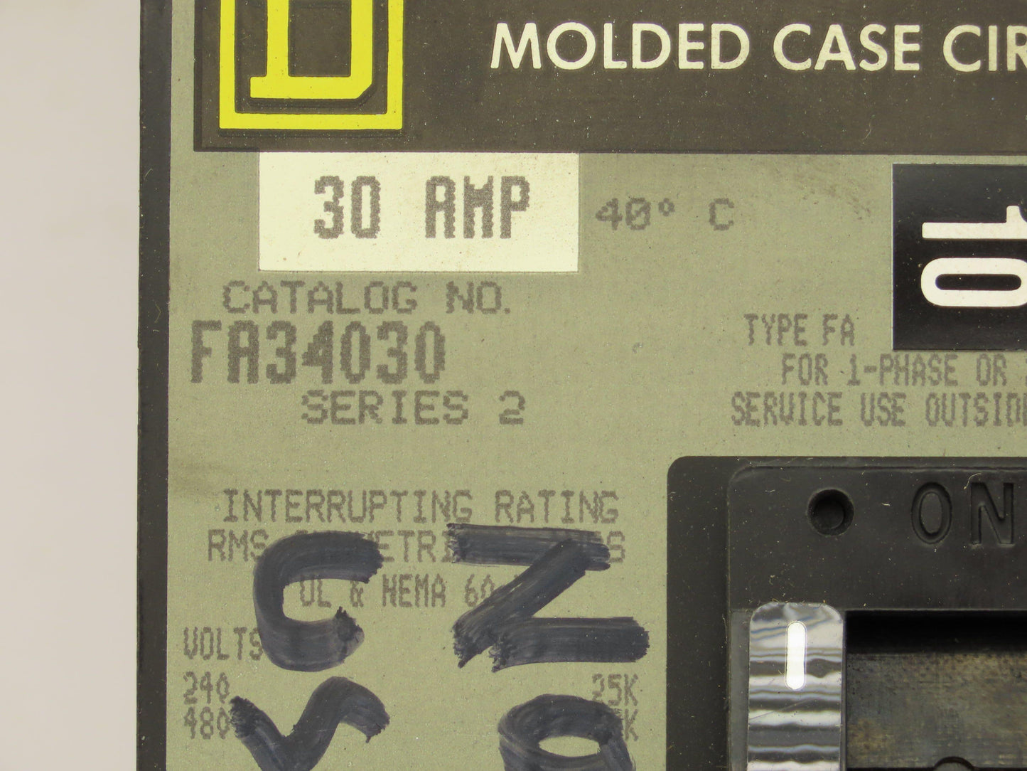 Square D FA36030 I-Line Circuit Breaker 30A 3 Pole 600V Plug-On Ser 2 Gray Face