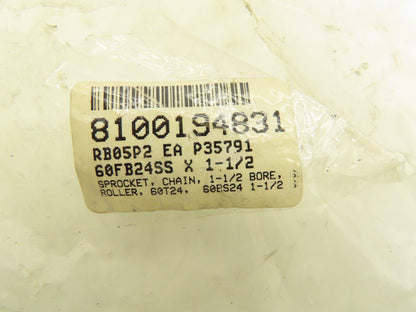 SS60B24 #60 Stainless Roller Chain Sprocket 24T Tooth 3/4 Pitch 1.5" Bore