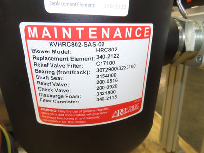 Republic HRC802 2-Stage Regenerative Vacuum Blower 227 CFM 6.5Hp 480V 3PH 2" NPT