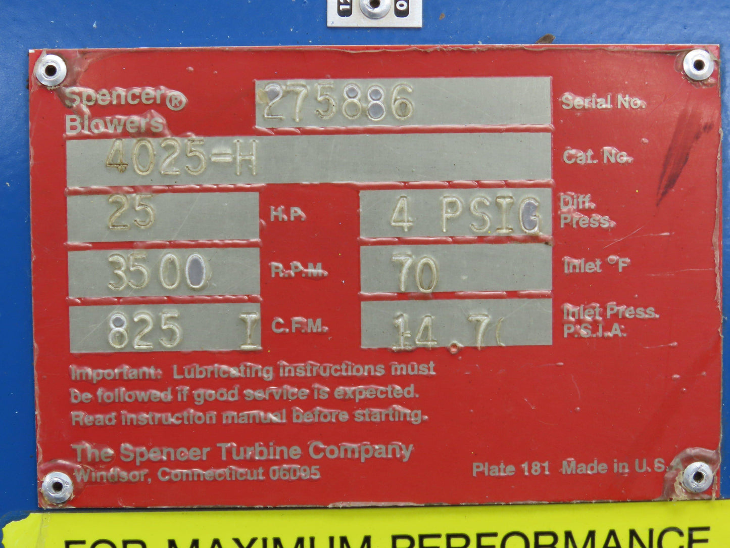 Spencer 4025-H Multistage Centrifugal Blower 25Hp 230/460V 825CFM 14.7PSIA 6x6"