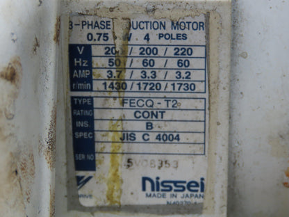 GTR Nissei G3LB-40-160-075 Gearmotor 160:1 Reducer 10.8rpm 1Hp 220V 3PH w/Brake