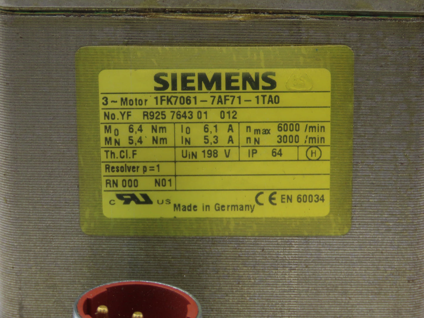 Siemens 1FK7061-7AF71-1TA0 Servo Motor 1.7kw 3000 RPM 3PH