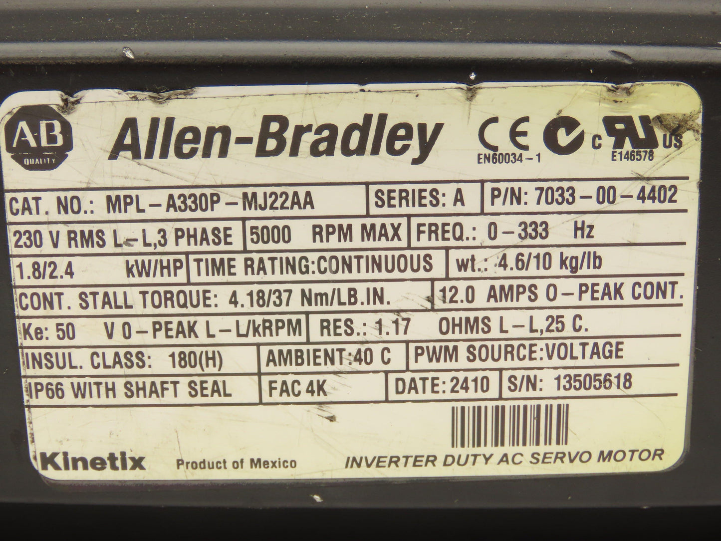 Allen Bradley MPL-A330P-MJ22AA AC Servo Motor 2.4Hp 5000 RPM 230V 3PH