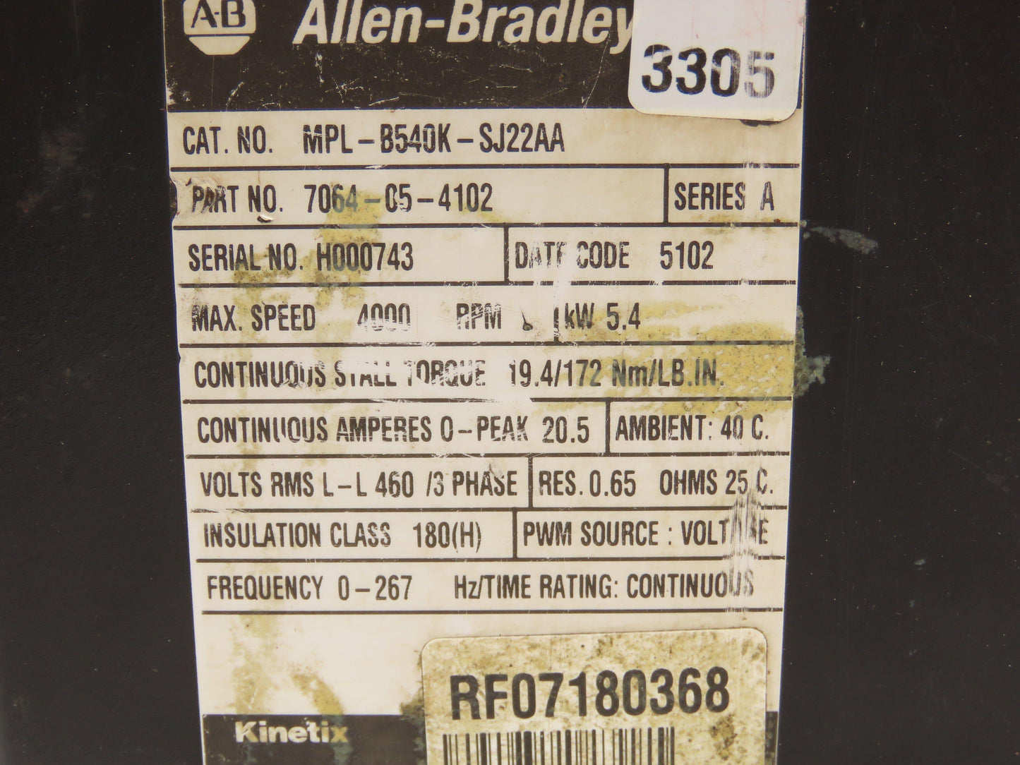 Allen Bradley MPL-B540K-SJ22AA AC Servo Motor 5.4kw 4000 RPM 460V 3PH