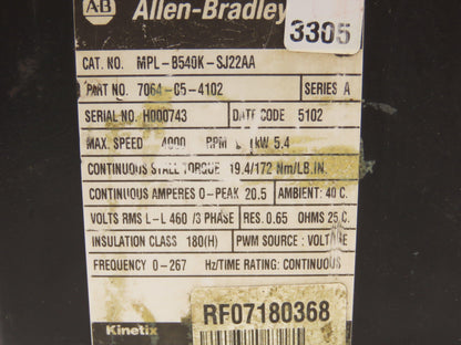 Allen Bradley MPL-B540K-SJ22AA AC Servo Motor 5.4kw 4000 RPM 460V 3PH