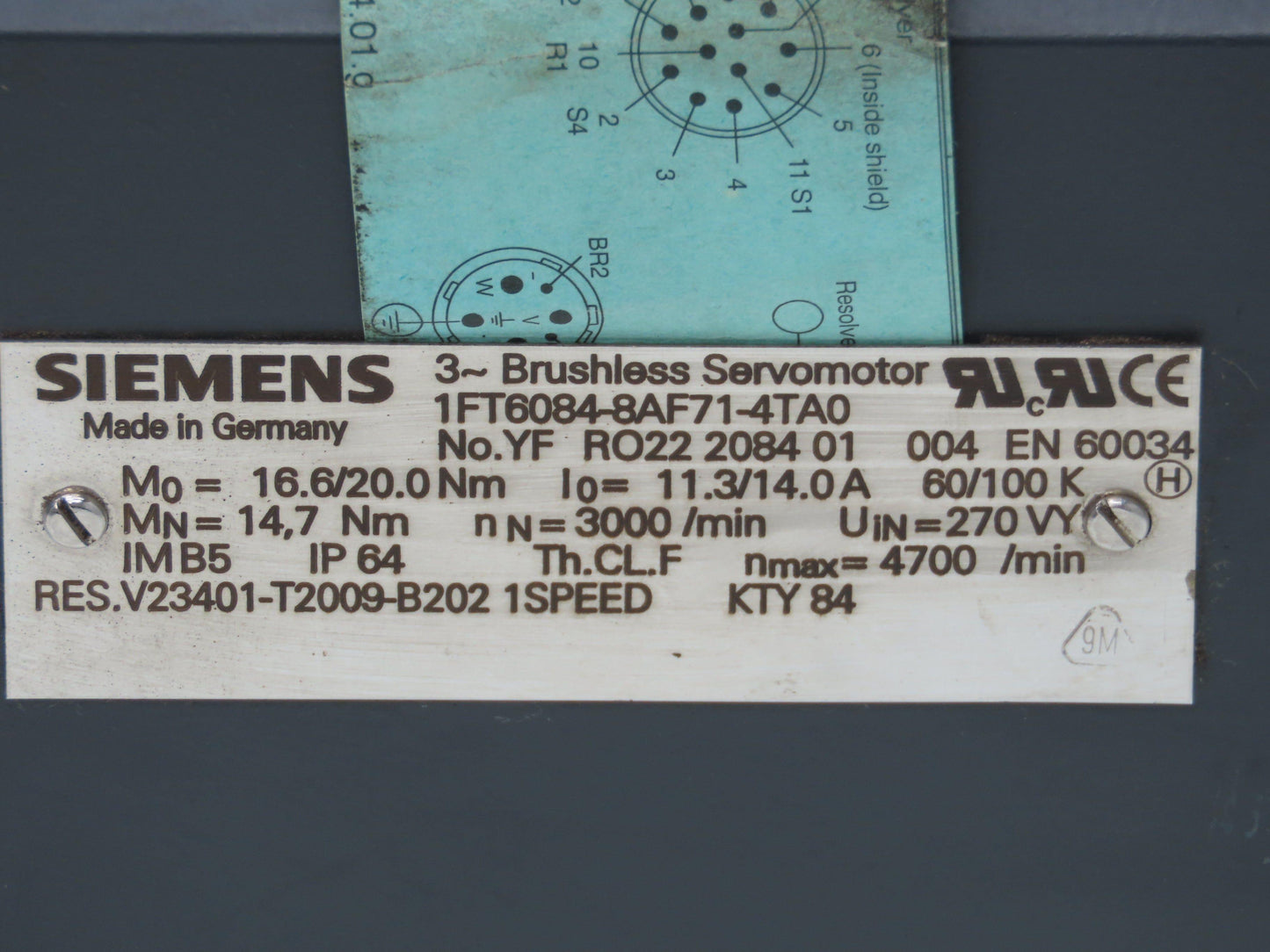 Siemens 1FT6084-8AF71-4TA0 AC Servo Motor 6.2Hp 3000 RPM 270V 3PH IM B5