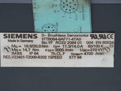 Siemens 1FT6084-8AF71-4TA0 AC Servo Motor 6.2Hp 3000 RPM 270V 3PH IM B5