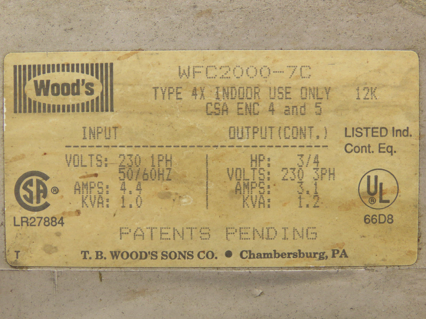 Woods WFC2000-7C E-Trac AC Inverter VFD Drive 230V 1PH to 230V 3PH Output 3/4Hp