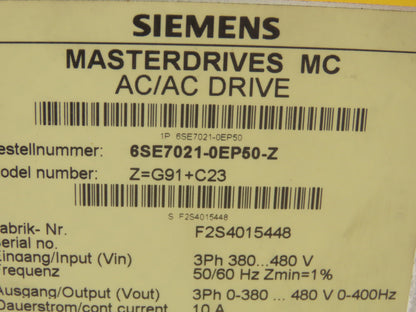 Siemens 6SE7021-0EP50 Simovert Masterdrives MC AC/AC Servo Drive 10A 480V 3PH