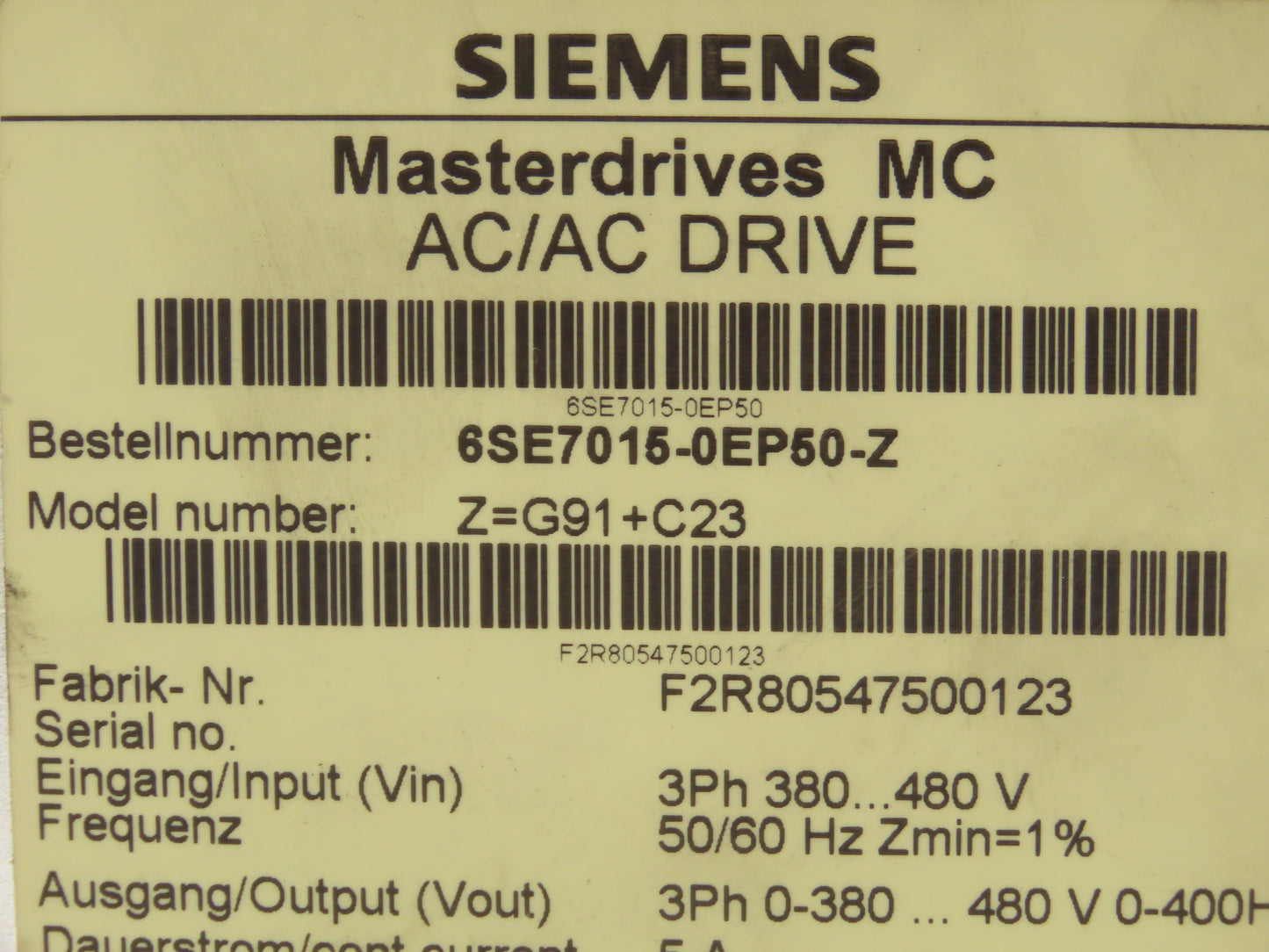 Siemens 6SE7015-0EP50 Simovert Masterdrive AC/DC Servo Drive Converter 1.5kW 3PH
