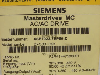 Siemens 6SE7022-7EP50 Simovert MasterdrivesMC AC/DC Servo Drive Converter 11kW