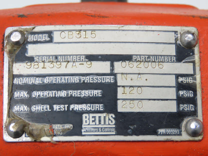 Bettis CB315 Pneumatic Solenoid Actuated 5" Butterfly Valve 120psi 24VDC