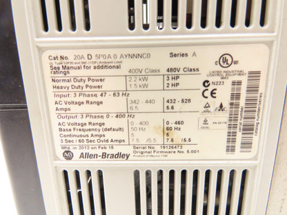 Allen Bradley 20AD5P0A0AYNNNC0 PowerFlex 70 Variable AC Drive VFD 3Hp 480V 3PH