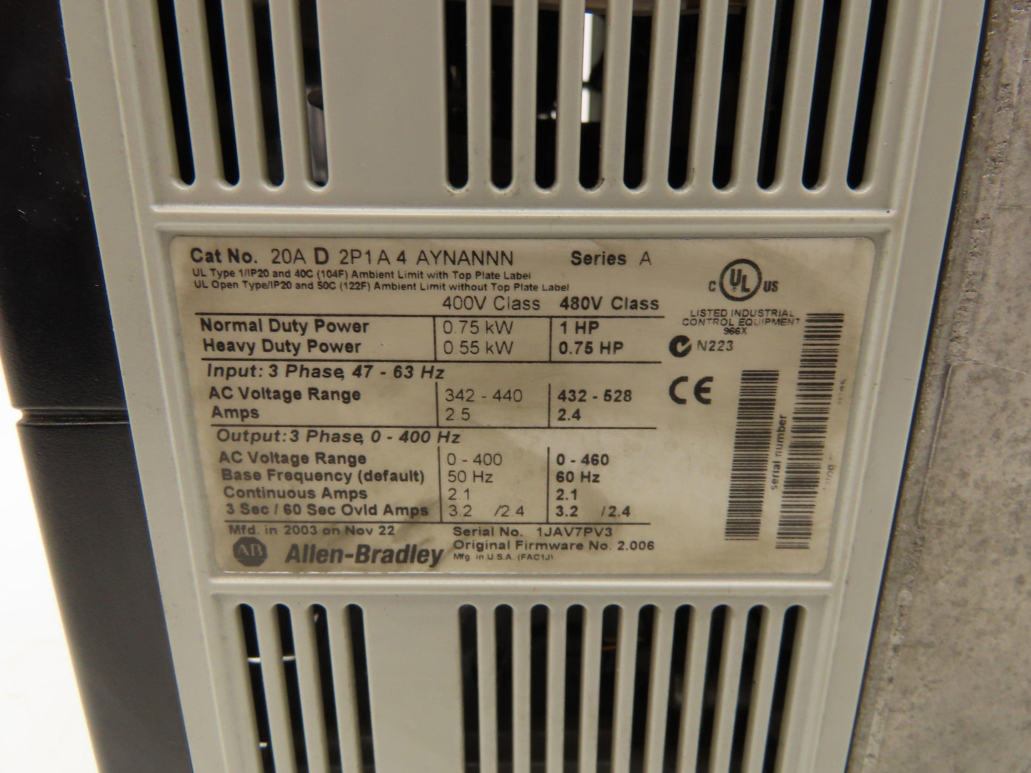 Allen Bradley 20AD2P1A4AYNANNN PowerFlex 70 Variable AC Drive VFD 1Hp 480V 3PH