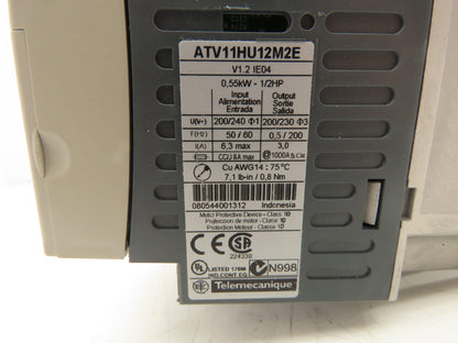 Telemecanique ATV11HU12M2E Altivar 11 AC Drive VFD 0.55kva 1/2Hp 1Ph 240V Input