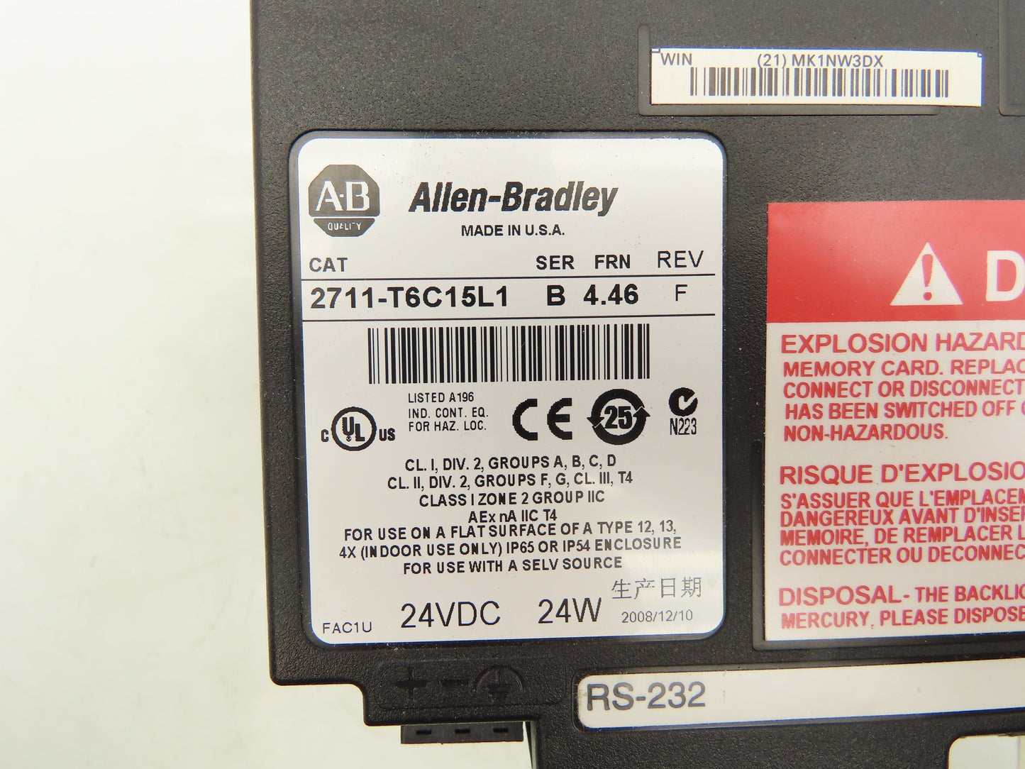 Allen Bradley 2711-T6C15L1 PanelView 600 Touch Screen PLC HMI SER B Frn 4.46