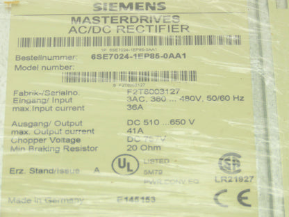 Siemens 6SE7024-1EP85-0AA1 Masterdrives AC/DC Rectifier DC Power Supply 650V 41A
