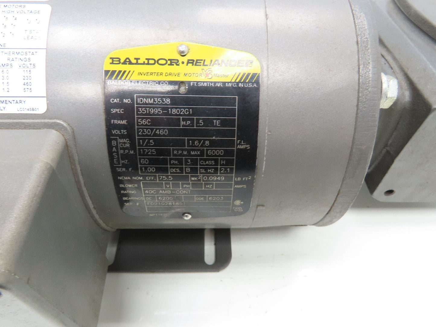 Baldor Reliance IDNM3538 Gearmotor .5Hp 460V 3PH 60:1 Reducer 29rpm LH 56C