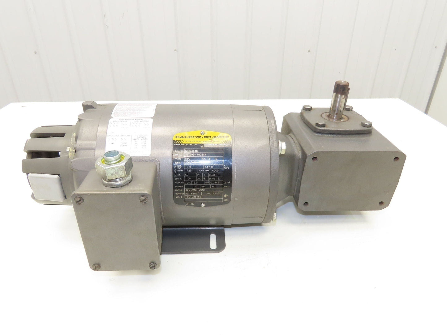 Baldor Reliance IDNM3538 Gearmotor .5Hp 460V 3PH 60:1 Reducer 29rpm LH 56C