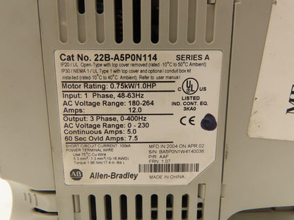 Allen Bradley 22B-A5P0N114 PowerFlex 40 AC Drive Variable VFD 1Hp 230V 1PH Input