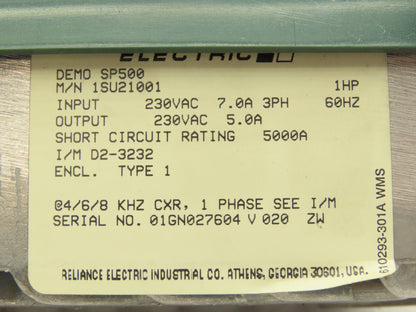 Reliance Electric SP500 VS Variable Speed AC Drive 1HP 7A 230V 3PH 1SU21001