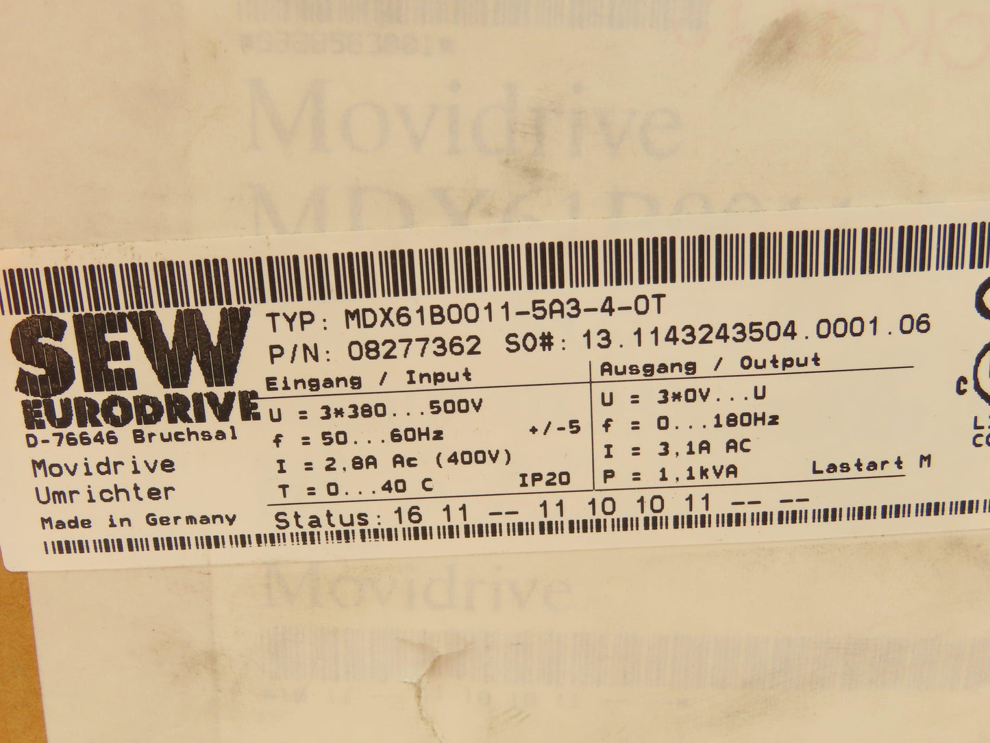 SEW-EURODRIVE MDX61B0011-5A3-4-0T Movidrive Compact Servo Drive Inverter 1.1kva