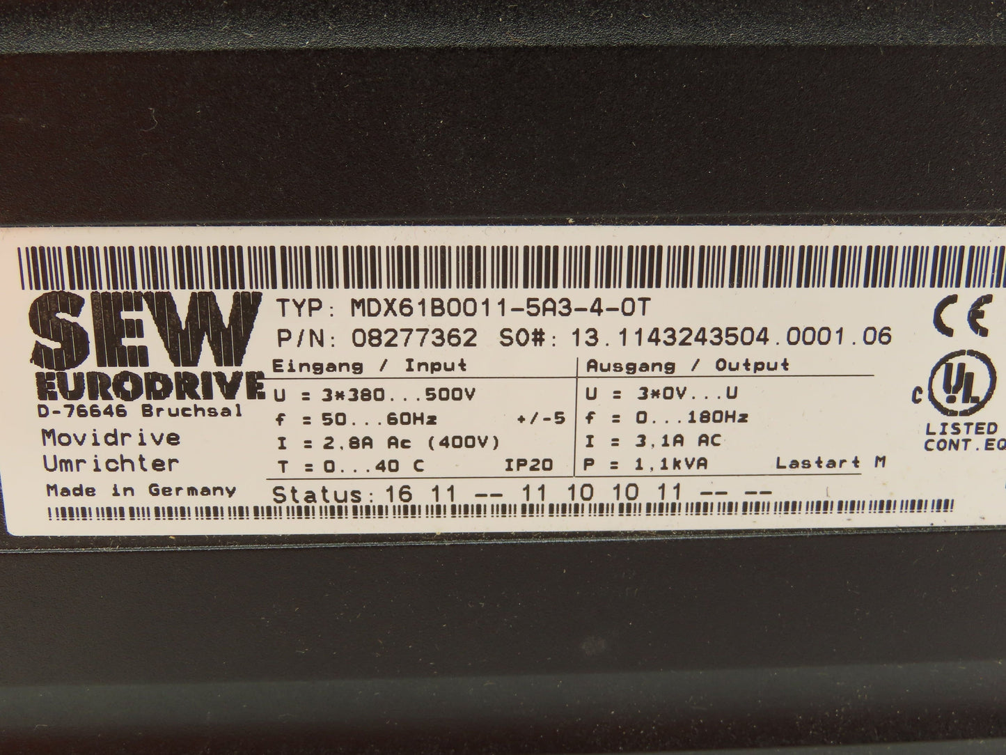 SEW-EURODRIVE MDX61B0011-5A3-4-0T Movidrive Compact Servo Drive Inverter 1.1kva