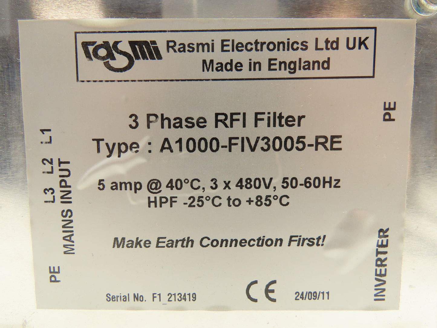 Rasmi A1000-FIV3005-RE RFI Power Line Filter 3PH 5A 480V