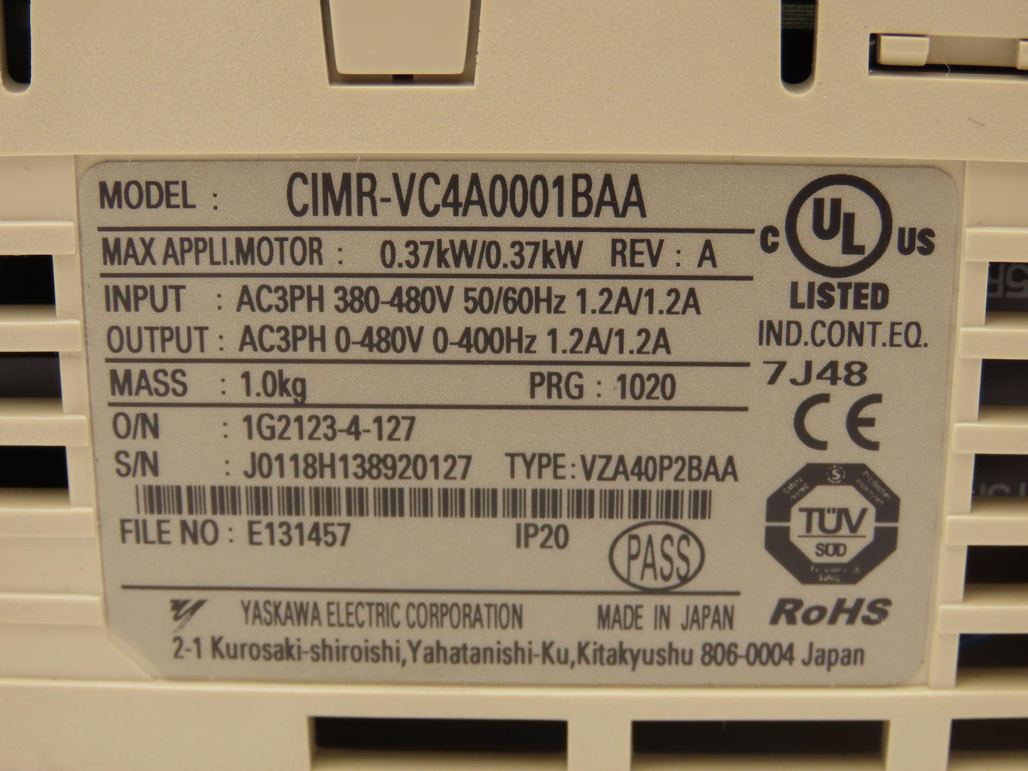 Yaskawa CIMR-VC4A0001BAA VFD AC Inverter Drive 0.37kW 480V 3PH