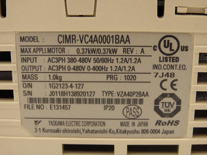 Yaskawa CIMR-VC4A0001BAA VFD AC Inverter Drive 0.37kW 480V 3PH