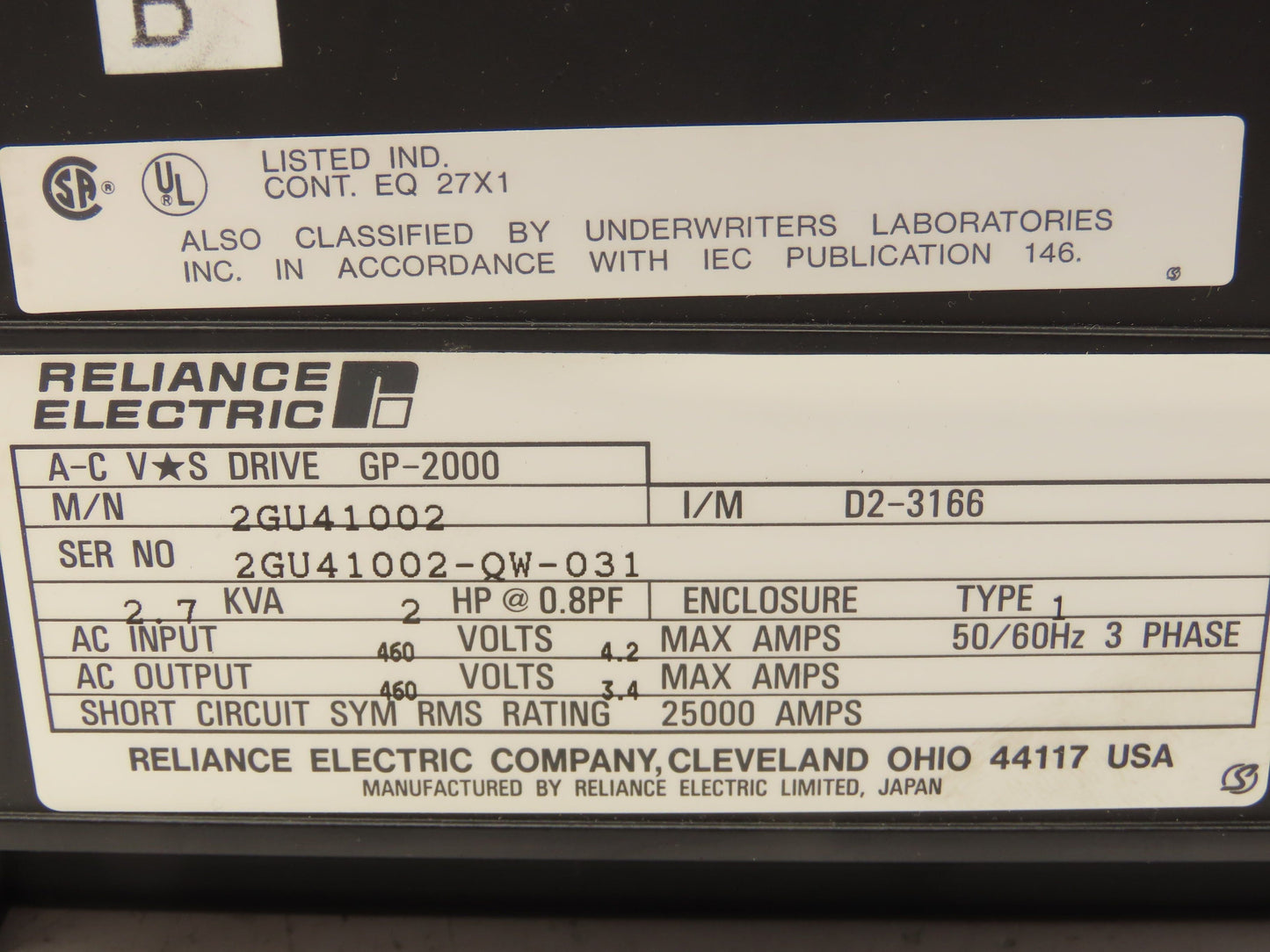Reliance Electric 2GU41002 GP-2000 AC VS Drive 2HP 460V 3PH 2.7KVA