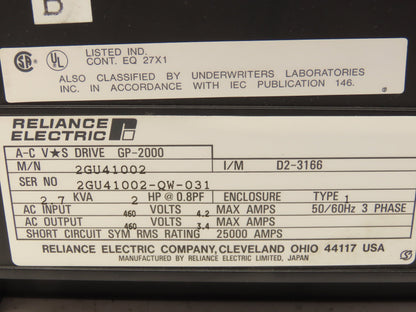 Reliance Electric 2GU41002 GP-2000 AC VS Drive 2HP 460V 3PH 2.7KVA