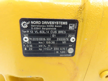 Nord SK 63L/4 Brake Gearmotor .25Hp 230/460V 3PH 159:1 Reducer 10rpm SK13VL