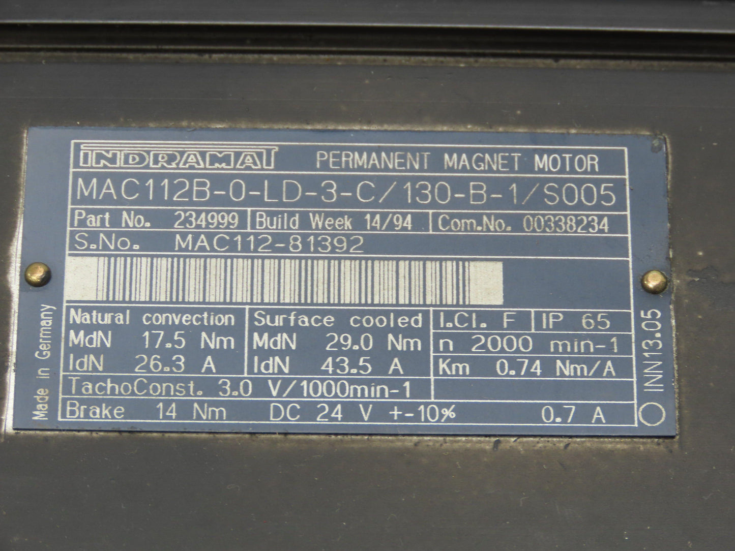 Indramat MAC112B-0-LD-3-C130-B-1/S005 Servo Motor with Encoder RU-1000-105/L2