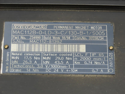Indramat MAC112B-0-LD-3-C130-B-1/S005 Servo Motor with Encoder RU-1000-105/L2
