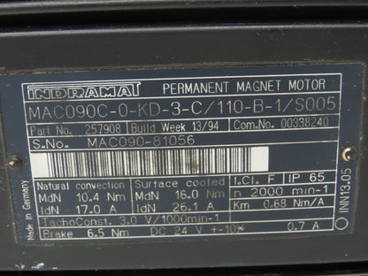 Indramat MAC09C-0-KD-3-C/110-B-1/S005 Servo Motor with Encoder RU-1000-105/L2