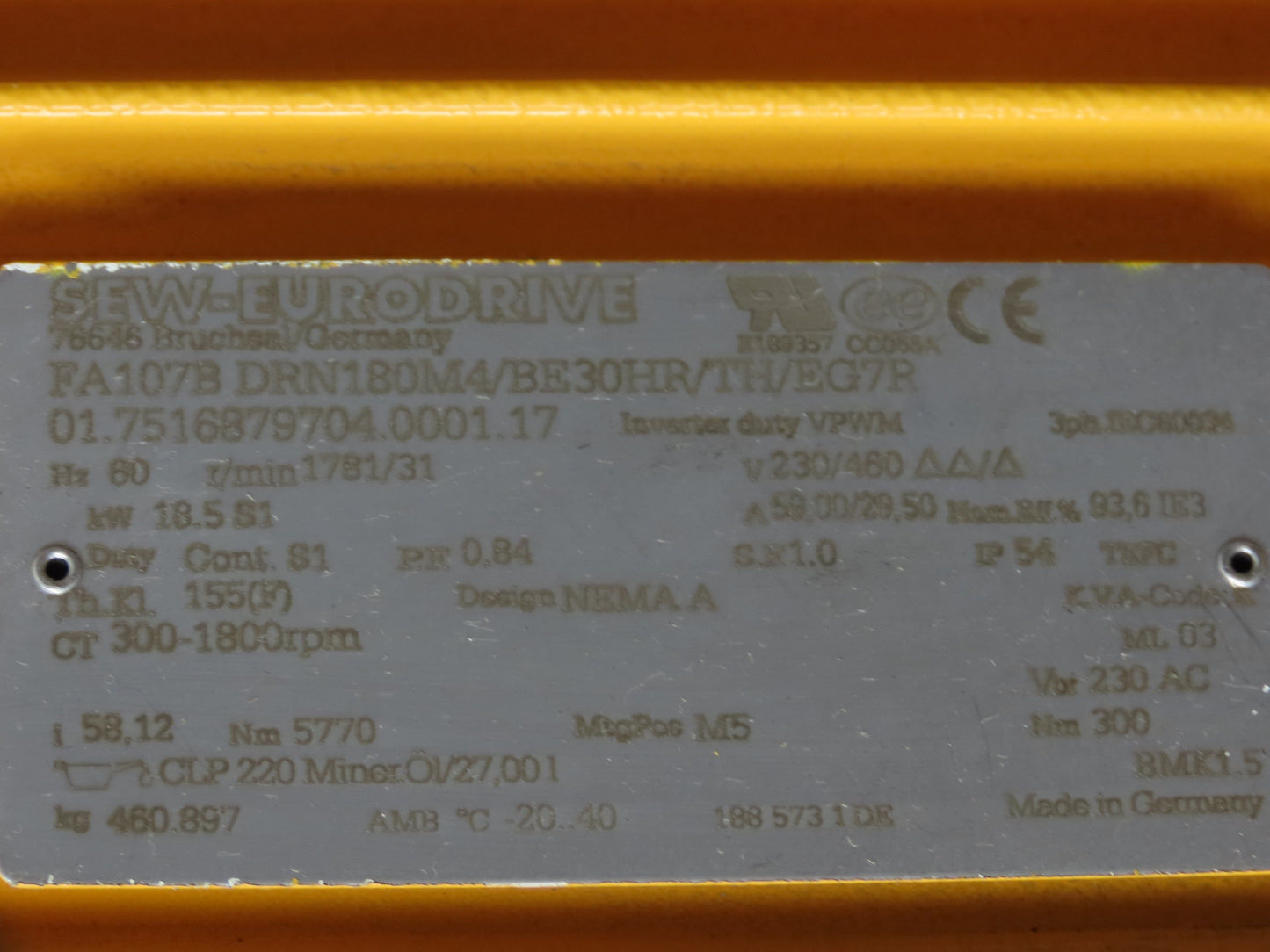 Sew Eurodrive FA107B DRN180M4 Helical Gearmotor 230/460V 3PH 58:1 Parallel Shaft