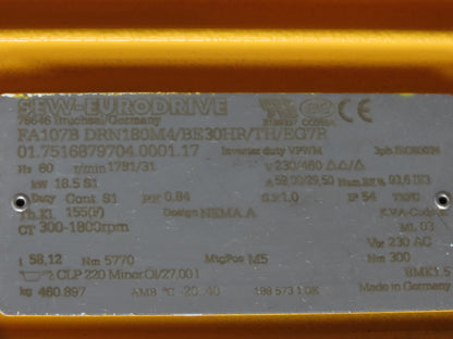 Sew Eurodrive FA107B DRN180M4 Helical Gearmotor 230/460V 3PH 58:1 Parallel Shaft