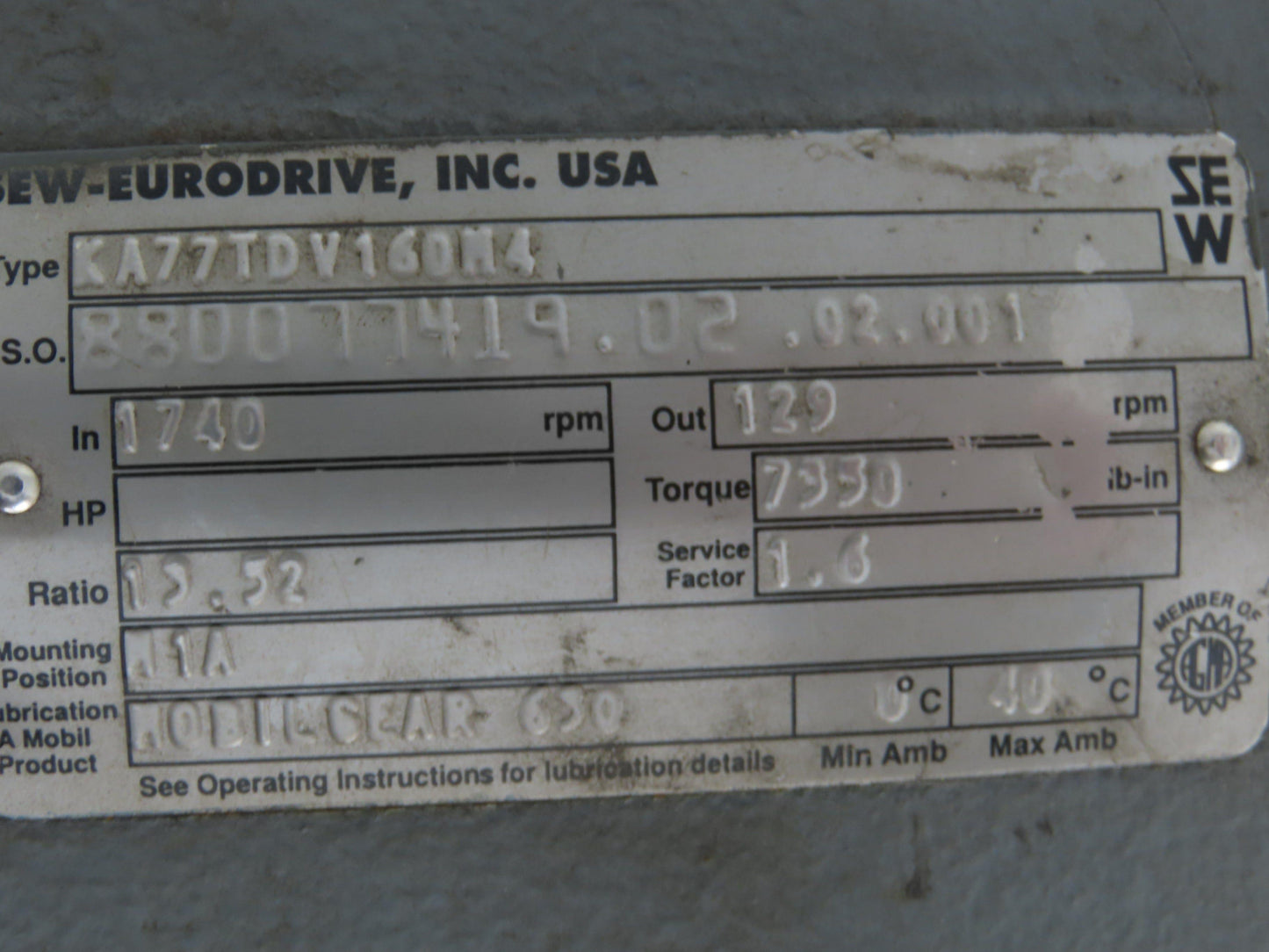 Sew Eurodrive KA77TDV160M4 Gearmotor 15Hp 230/460 3PH 129rpm 13.5:1 Hollow Shaft